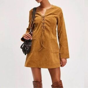 NEW Free People Bradley Faux Suede Shift Style Mini Dress $168 S Lace Up Western